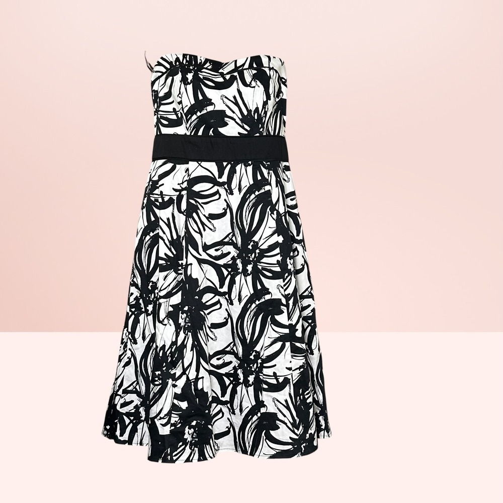 BHS Strapless Midi Dress Floral Abstract Party Wedding Guest Size 8 Black White